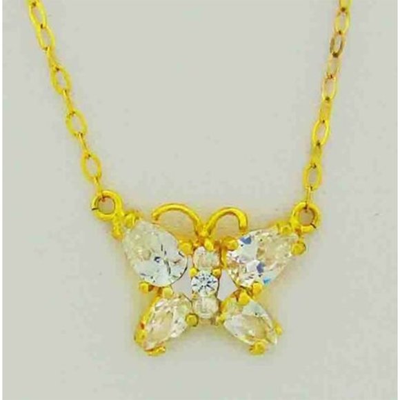 White Sapphires Butterfly Pendant Necklace 10K Yellow Gold